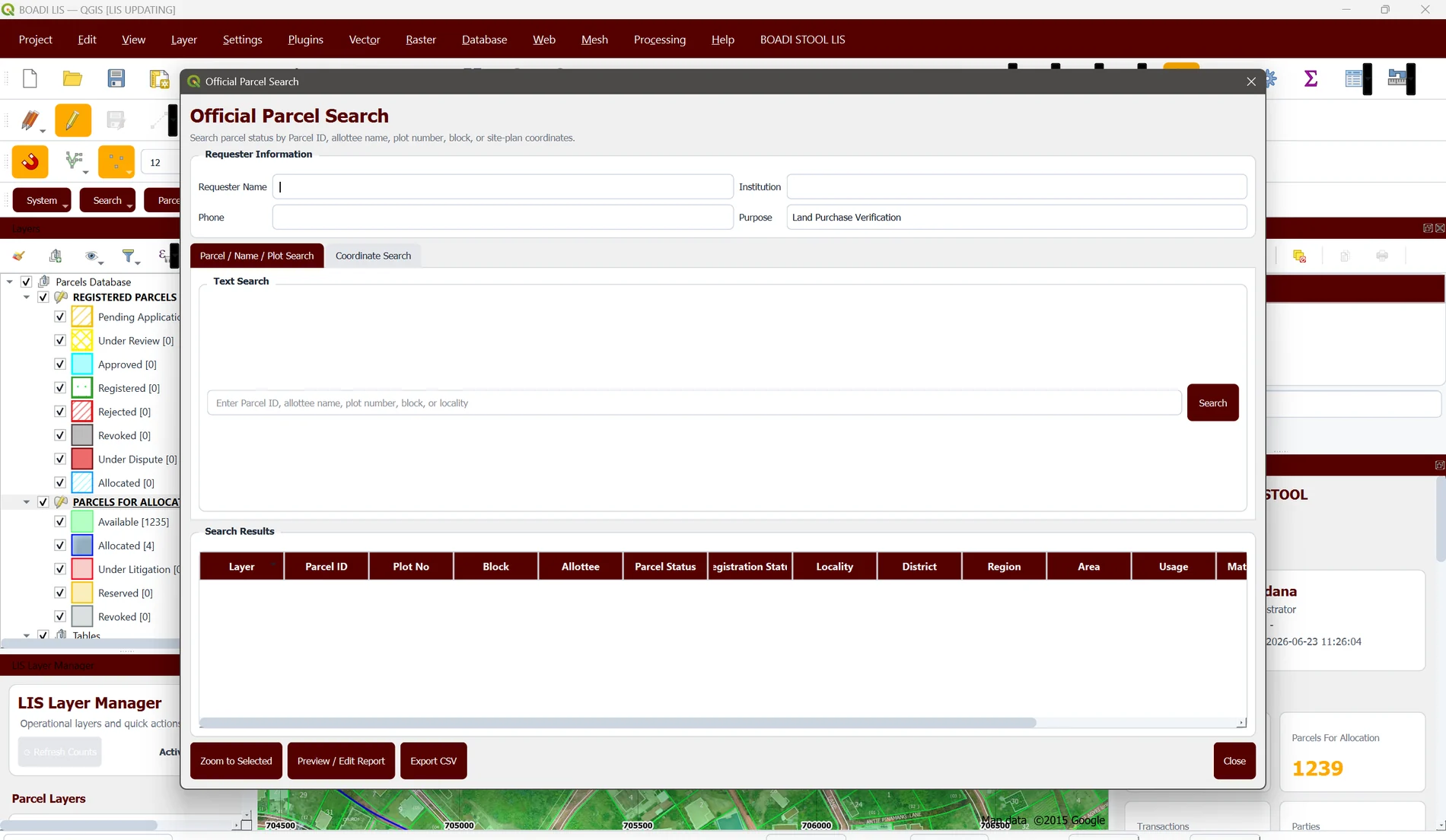 Official parcel search interface
