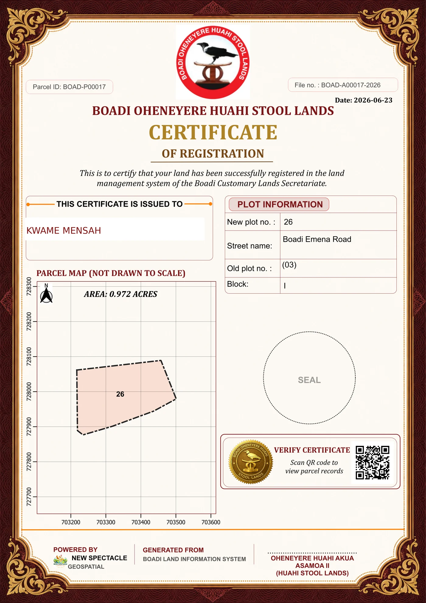 Sample land certificate